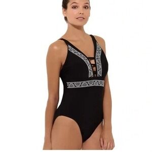 Freshwater‎ Black One Piece Swimsuit White Trim Adjustable Straps Womens Size L